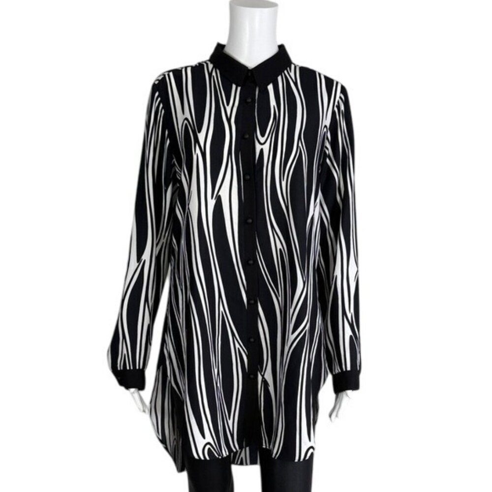 J Black & White Abstract Print Tunic Button Down Top Size M